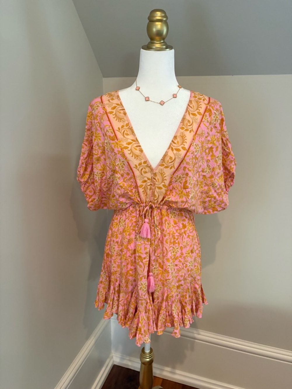 Aakaa Pink and Gold Floral V-Neck Drawstring Romper